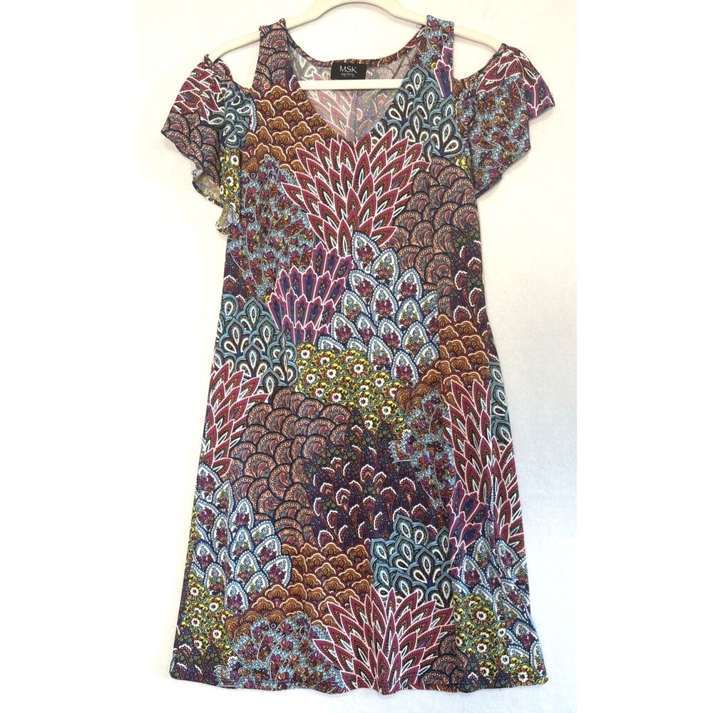 MSK Womens Multicolor Floral V-Neck Cold Shoulder Shift Dress PS Boho 70s Retro - Picture 4 of 8